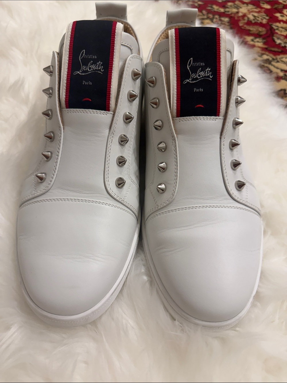 Christian Louboutin Men’s White Leather Slip-On Sneakers with Stud Accents
